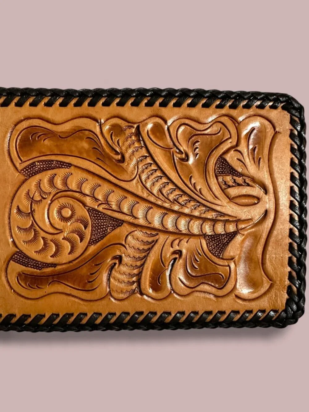 Vintage Hand-Tooled Leather BiFold Wallet With Floral & Scroll Design In NOS Ori